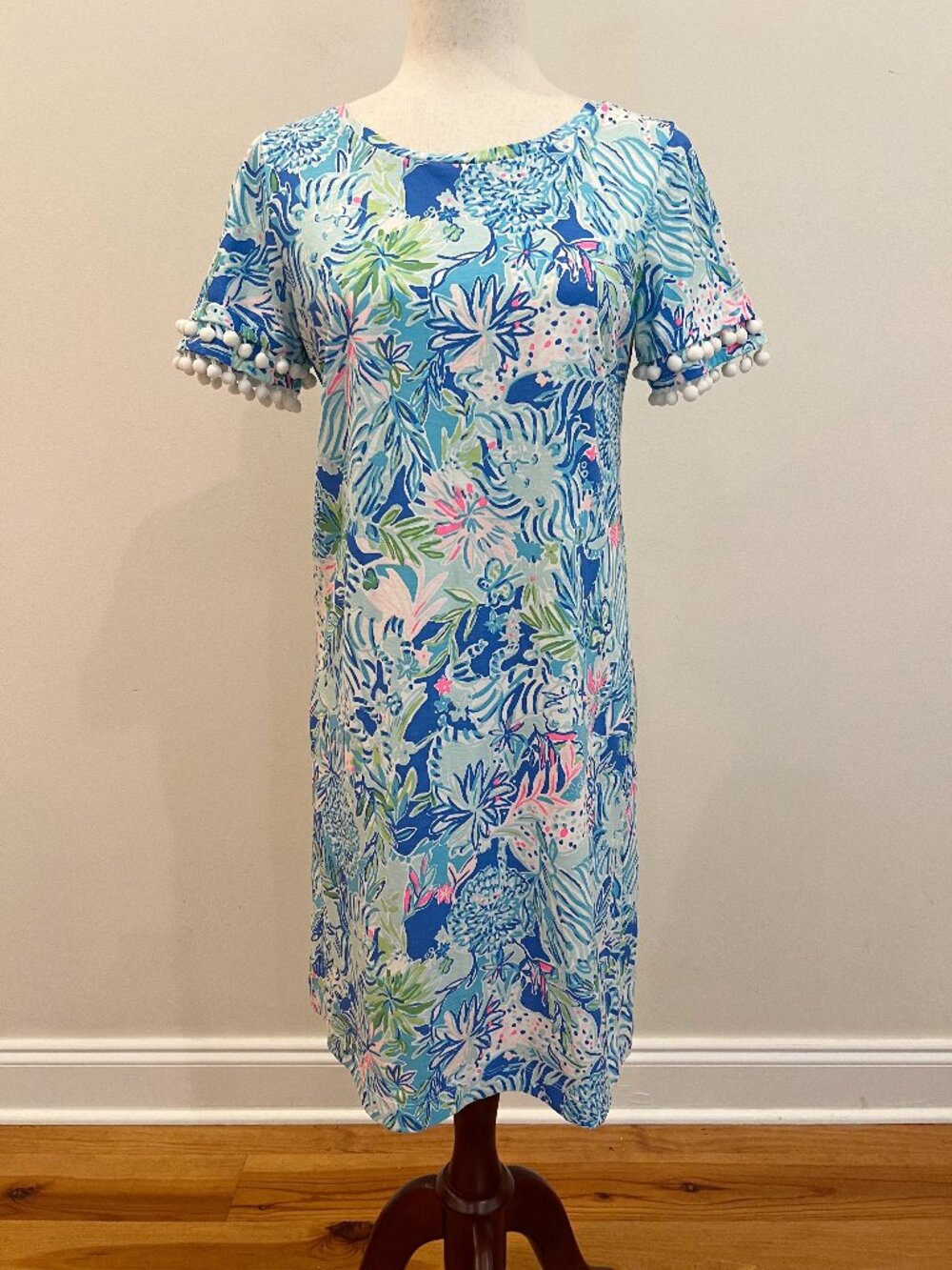 Lilly Pulitzer Dress Small Lissie Lion Around Pom Pom Sleeve Coastal Colorful